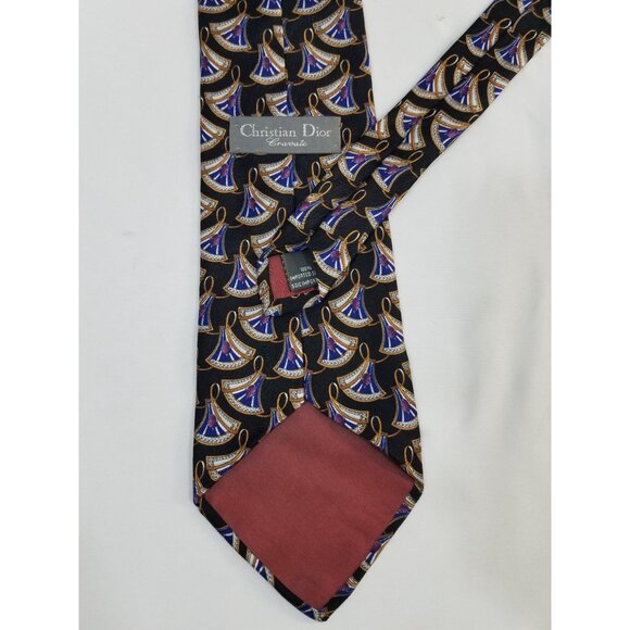Christian Dior Cravate Mens Necktie Silk Tie Black Blue Abstract Geometric Fan P - Picture 5 of 8